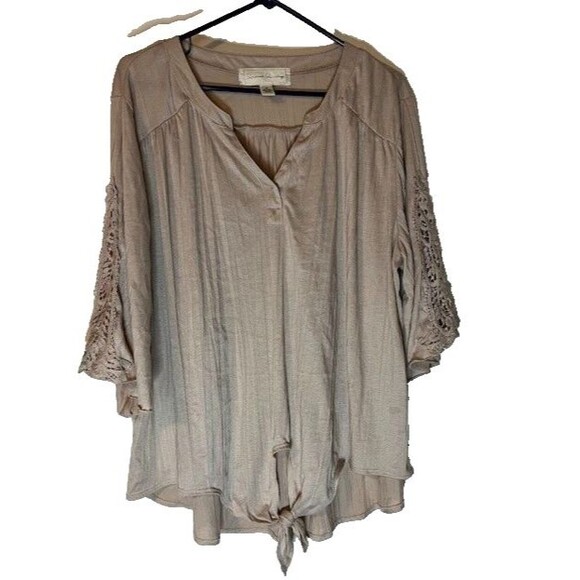 French Laundry Beige Cottagecore Peasant Opn Lace 3/4 Sleeve Tie Front Blouse 2X - Picture 1 of 5